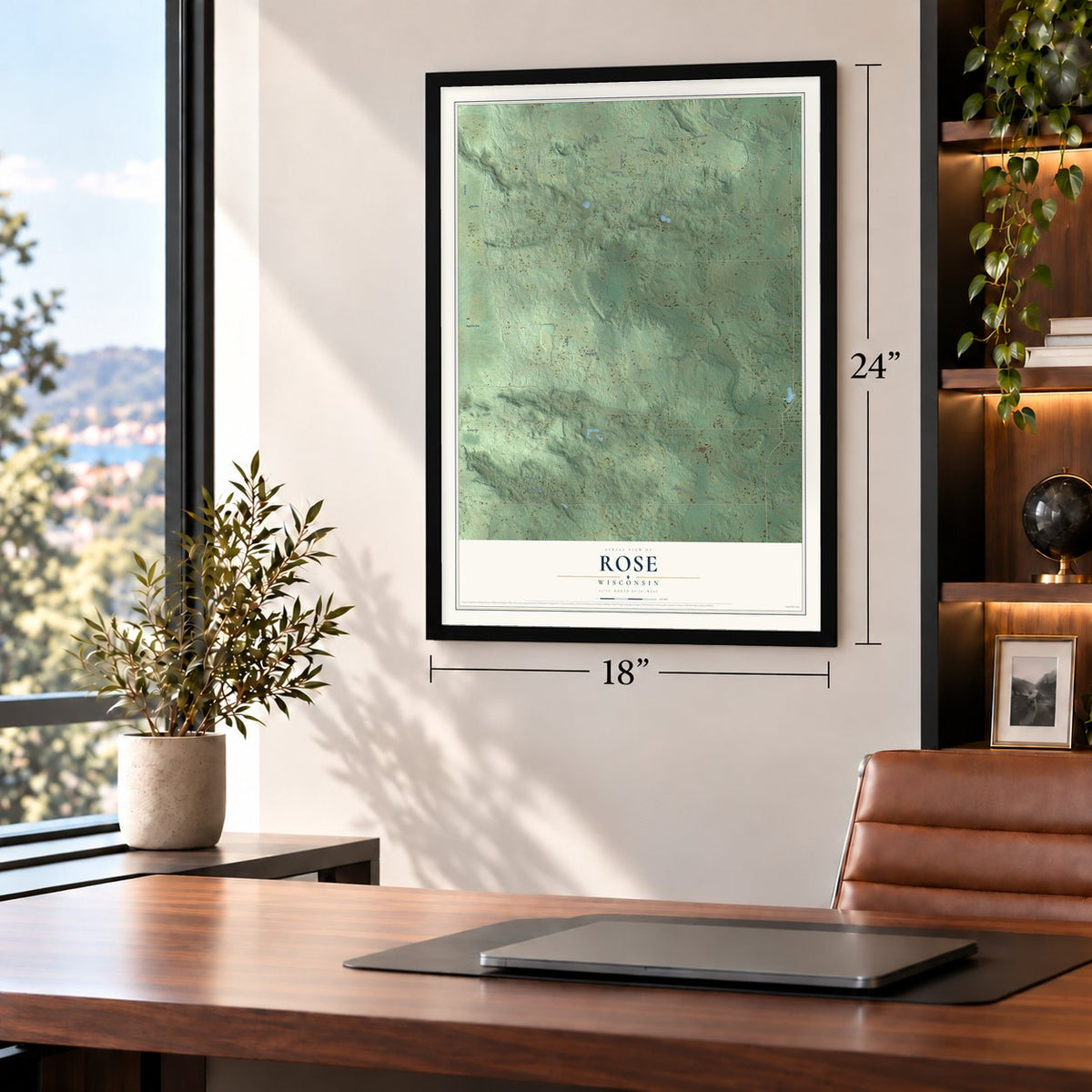 Rose, Wisconsin map, 18 x 24 inch print in a black frame in a home office