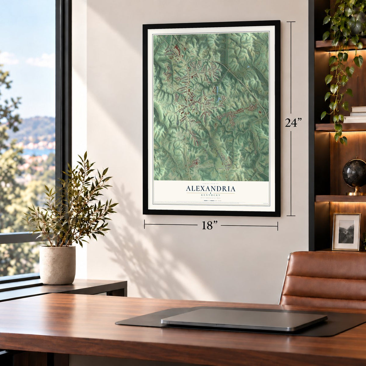 Alexandria, Kentucky map, 18 x 24 inch print in a black frame in a home office