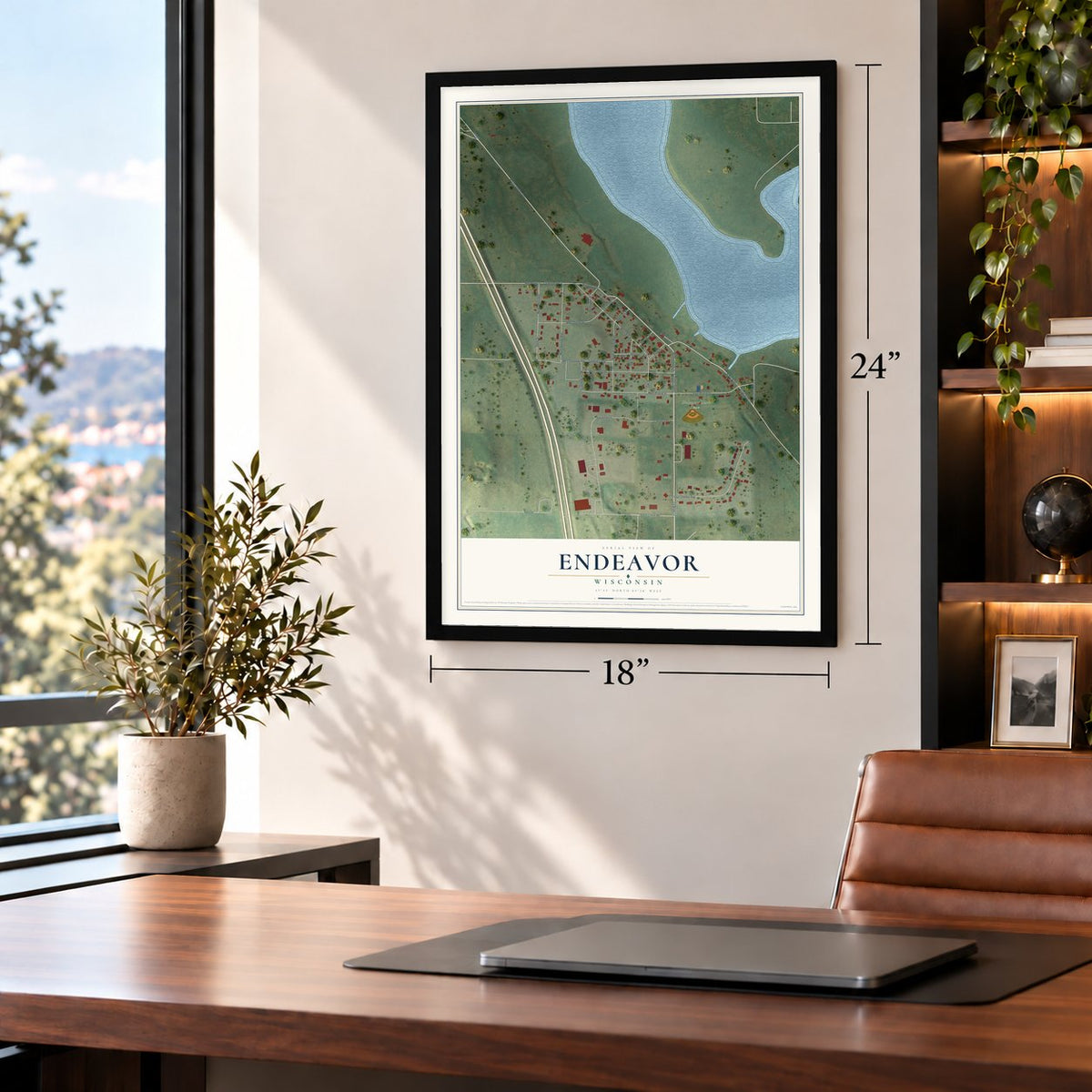 Endeavor, Wisconsin map, 18 x 24 inch print in a black frame in a home office