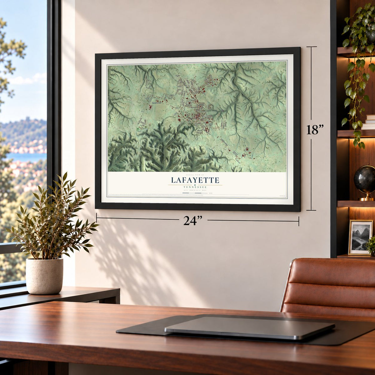 Lafayette, Tennessee map, 18 x 24 inch print in a black frame in a home office