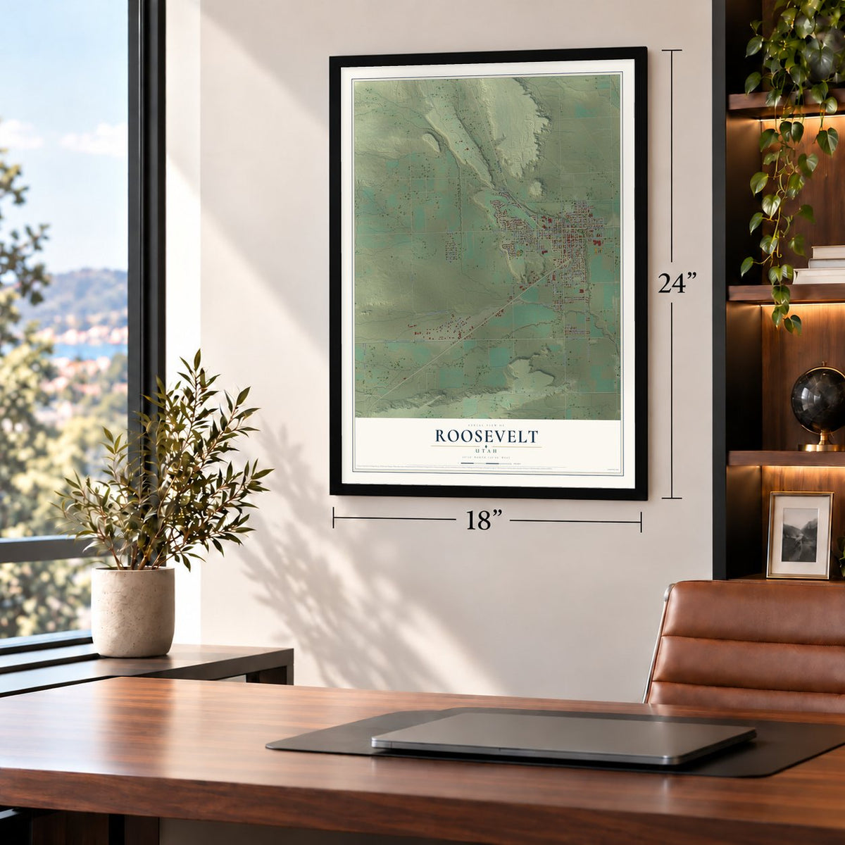 Roosevelt, Utah map, 18 x 24 inch print in a black frame in a home office