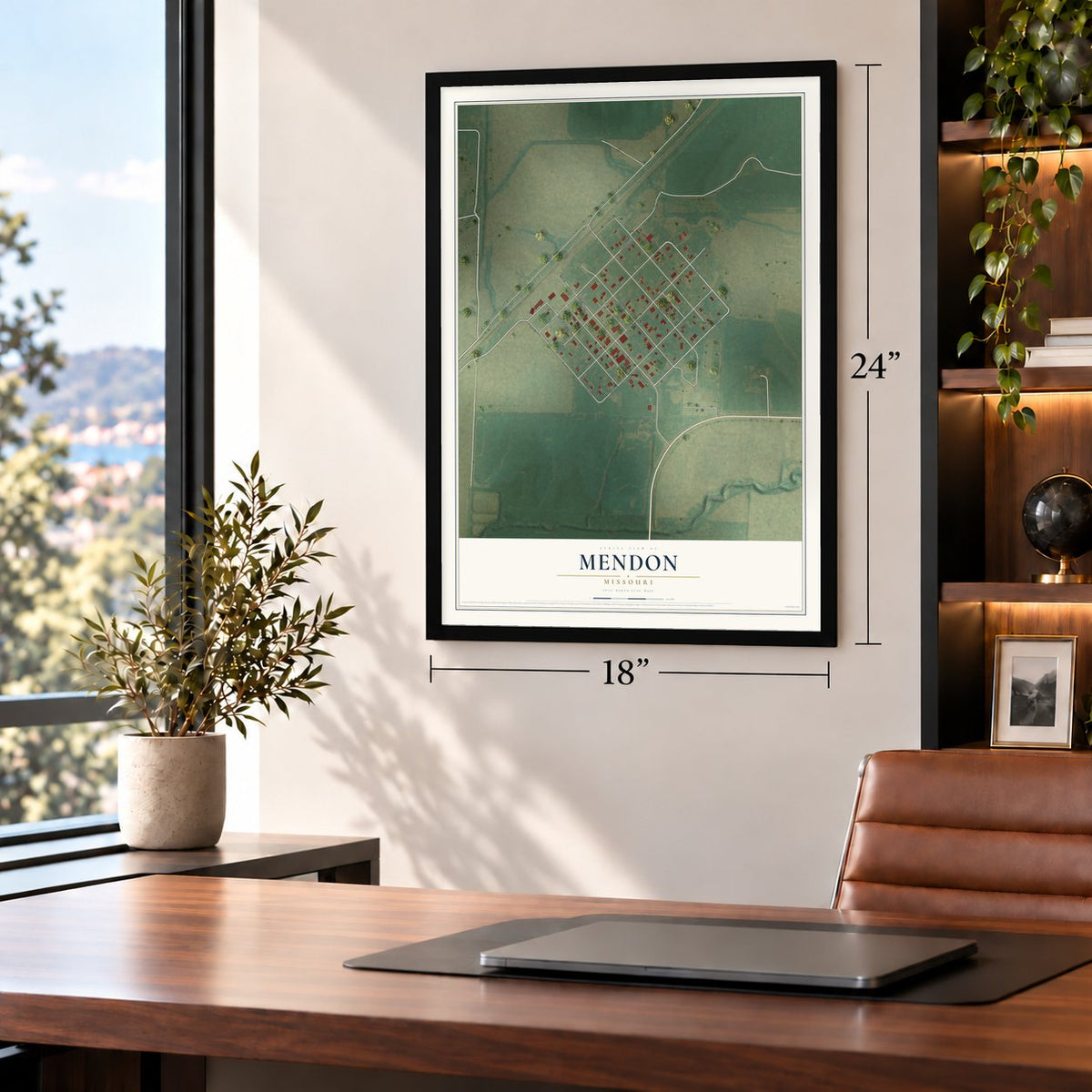 Mendon, Missouri map, 18 x 24 inch print in a black frame in a home office