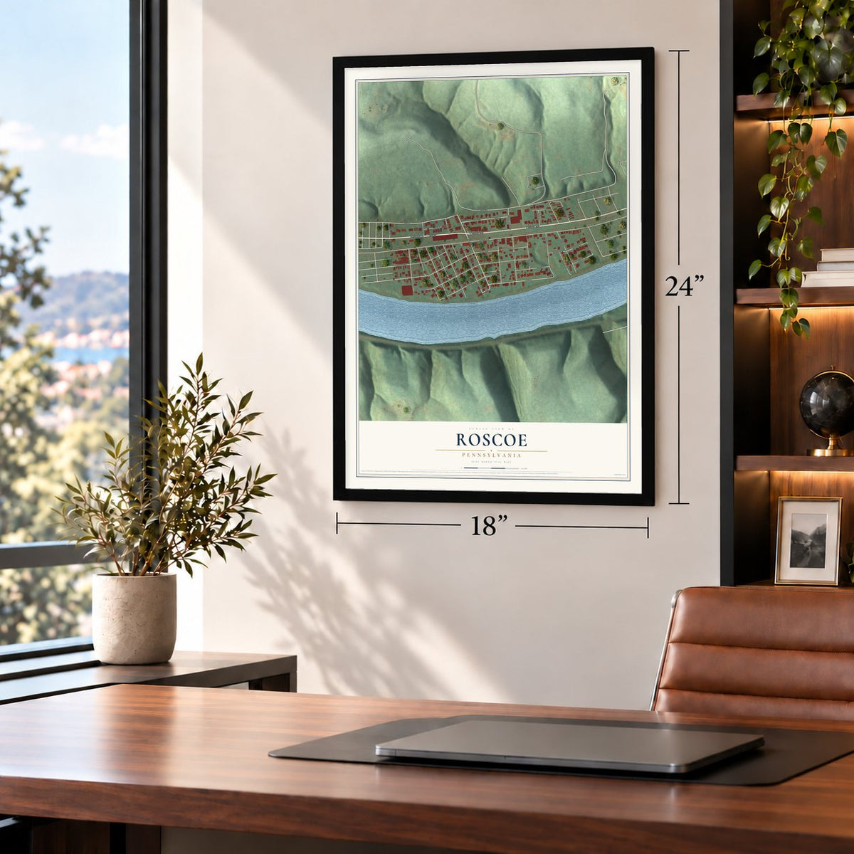 Roscoe, Pennsylvania map, 18 x 24 inch print in a black frame in a home office