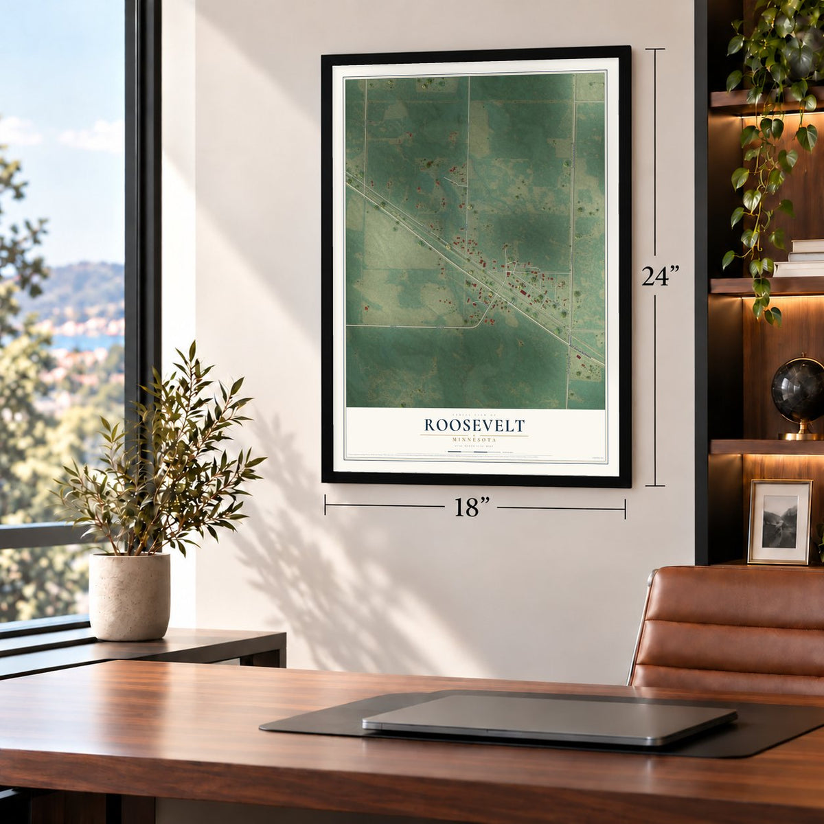 Roosevelt, Minnesota map, 18 x 24 inch print in a black frame in a home office