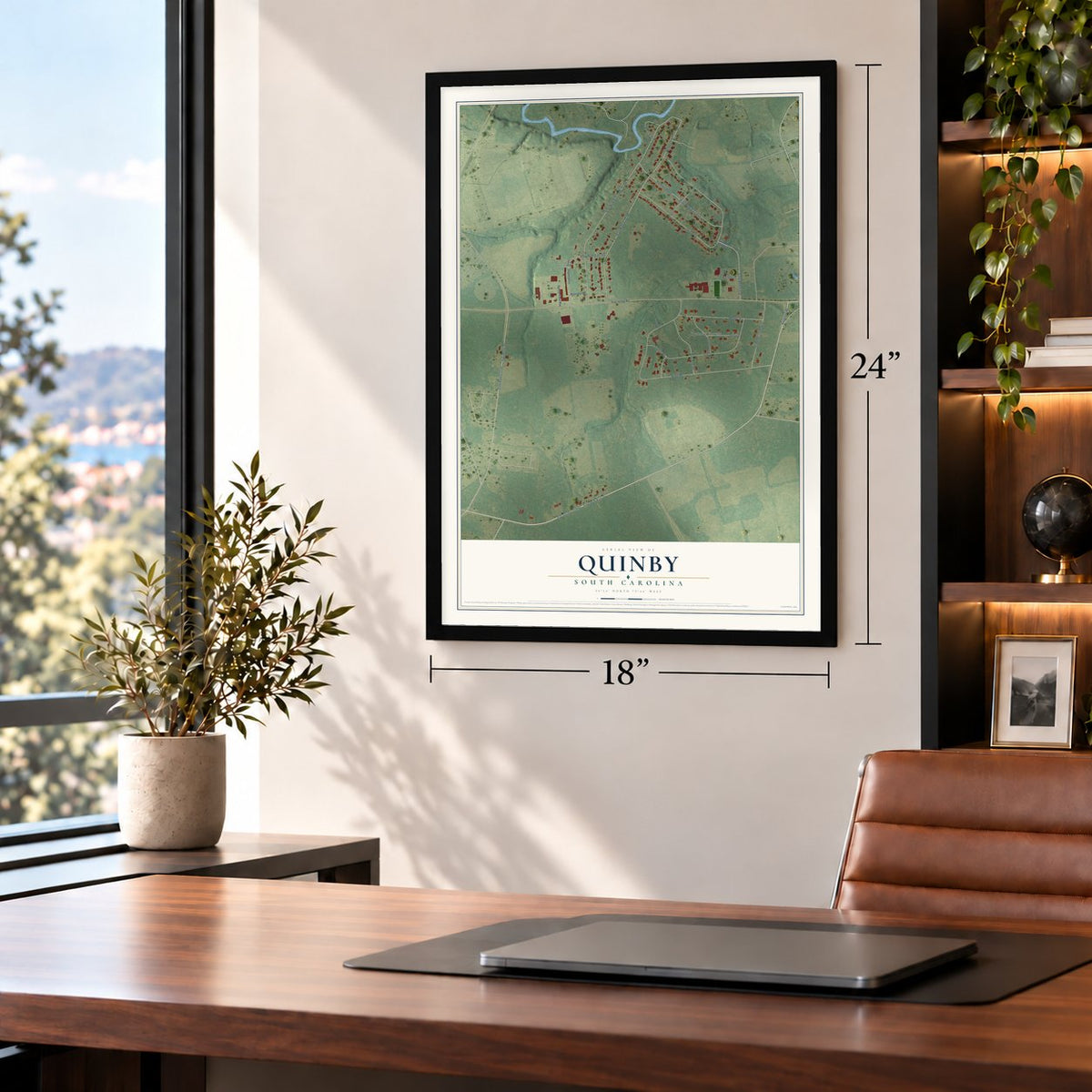 Quinby, South Carolina map, 18 x 24 inch print in a black frame in a home office