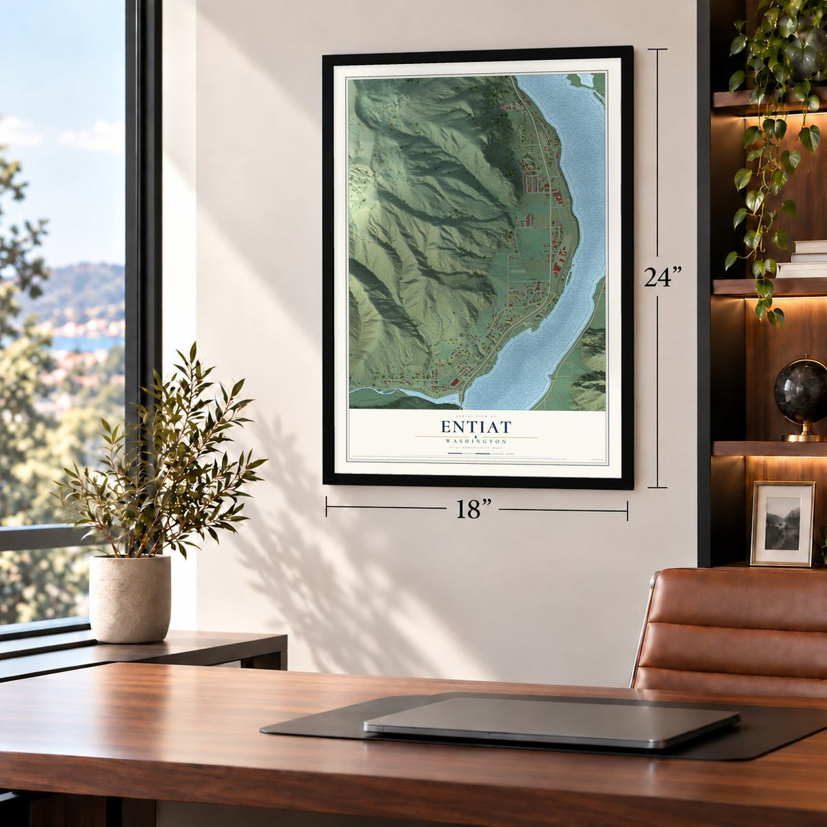 Entiat, Washington map, 18 x 24 inch print in a black frame in a home office