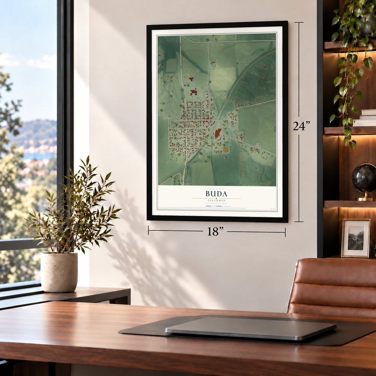 Buda, Illinois map, 18 x 24 inch print in a black frame in a home office