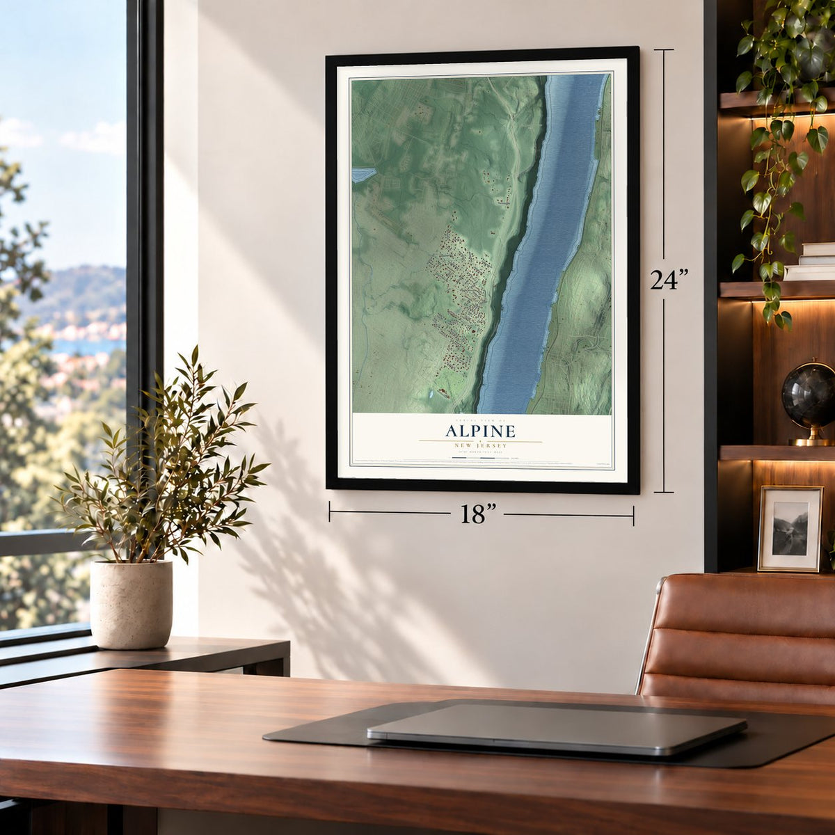 Alpine, New Jersey map, 18 x 24 inch print in a black frame in a home office