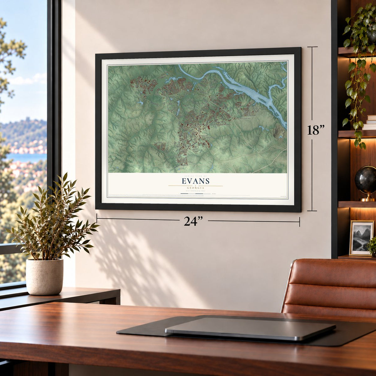 Evans, Georgia map, 18 x 24 inch print in a black frame in a home office