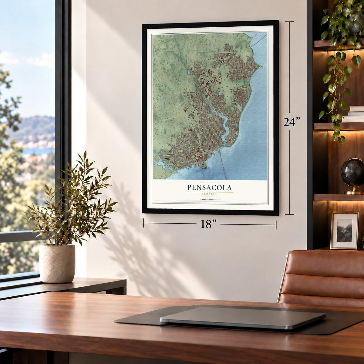 Pensacola, Florida map, 18 x 24 inch print in a black frame in a home office