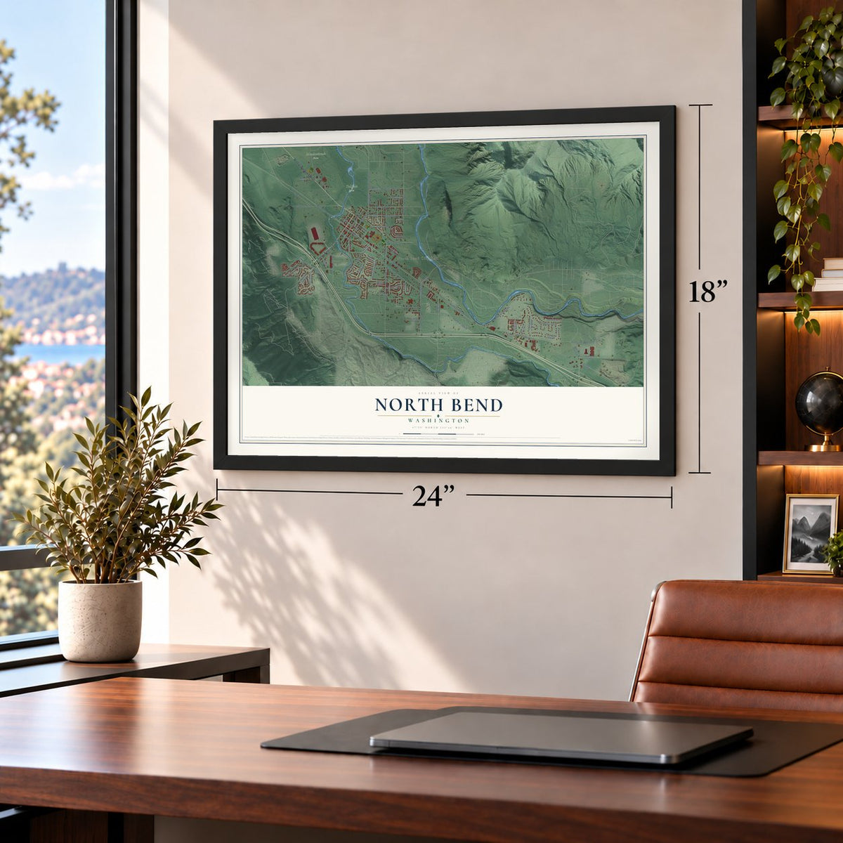 North Bend, Washington map, 18 x 24 inch print in a black frame in a home office