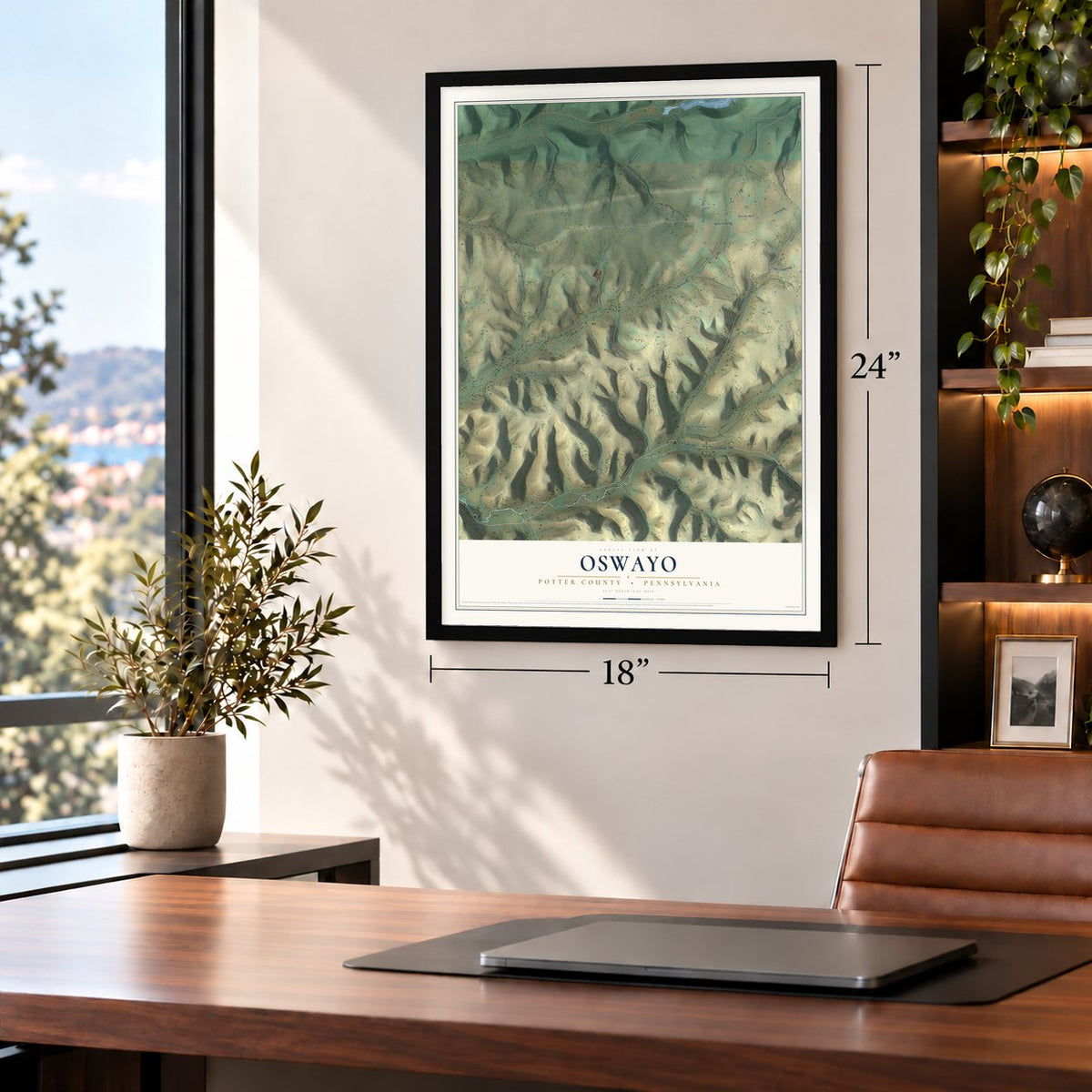 Oswayo, Potter County, Pennsylvania map, 18 x 24 inch print in a black frame in a home office