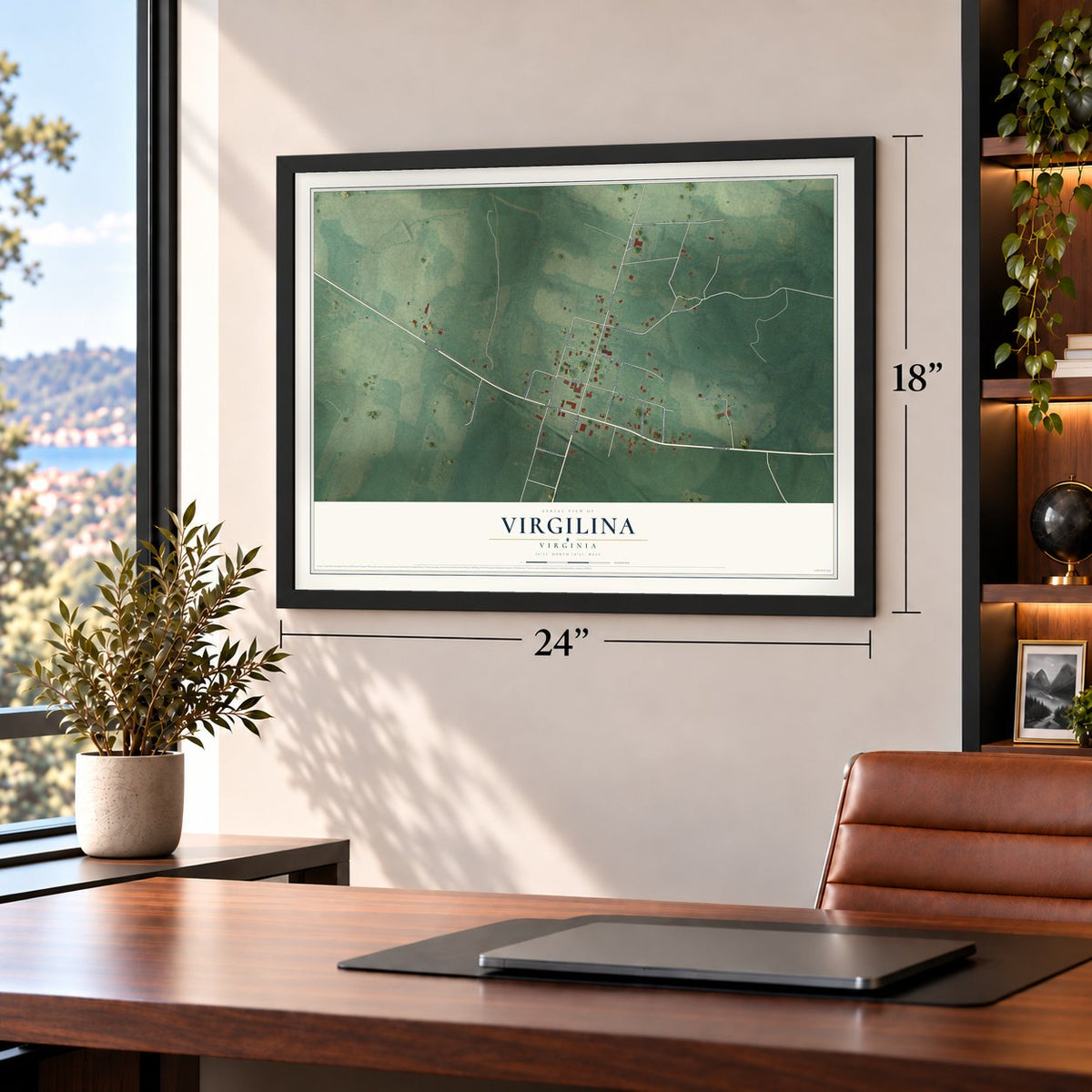 Virgilina, Virginia map, 18 x 24 inch print in a black frame in a home office