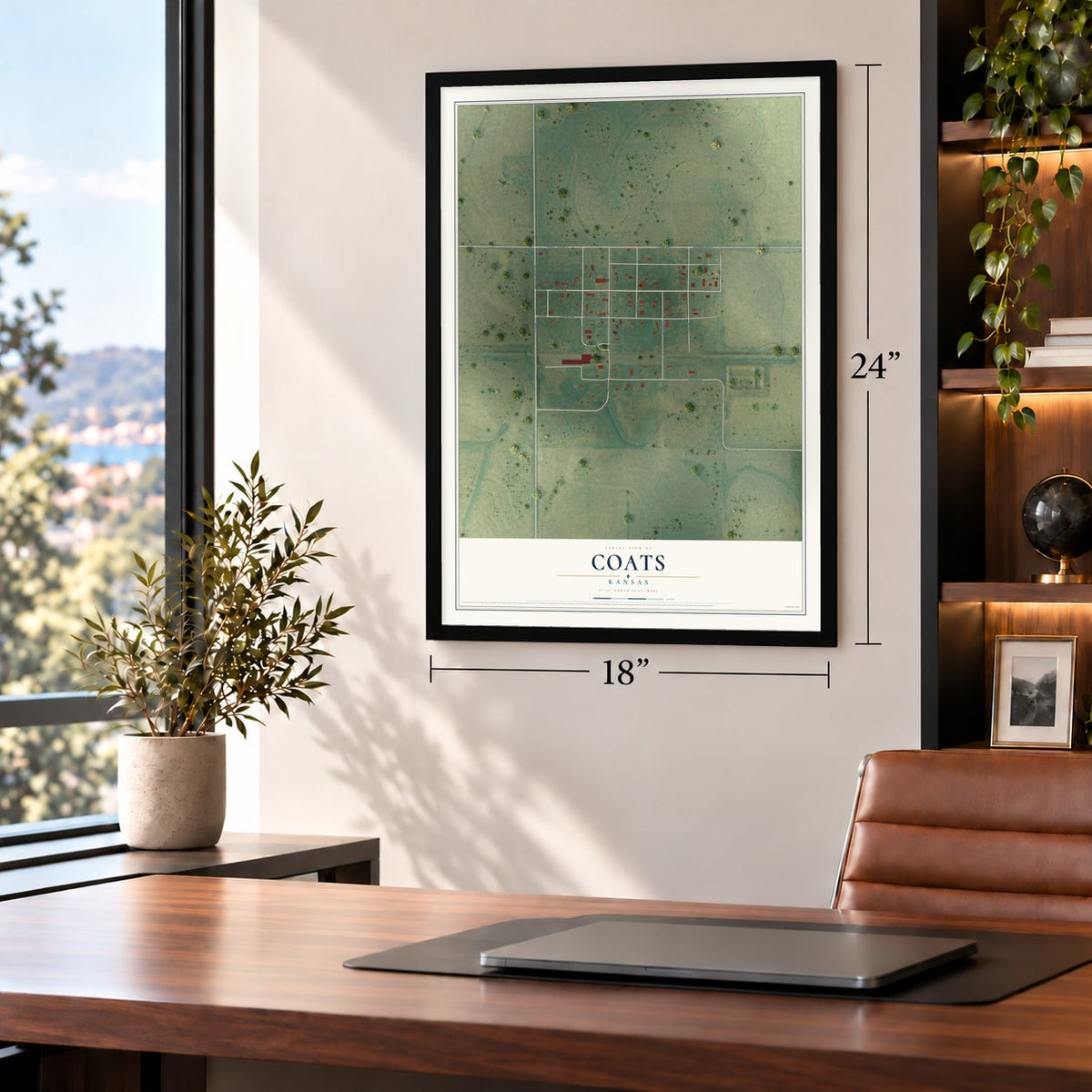 Coats, Kansas map, 18 x 24 inch print in a black frame in a home office