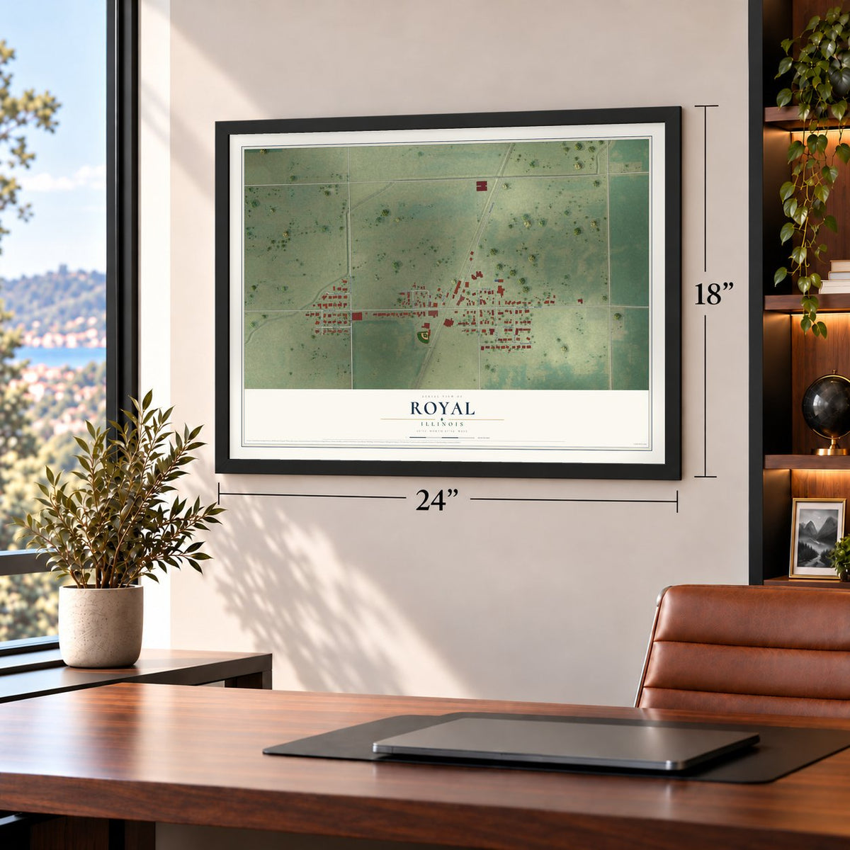 Royal, Illinois map, 18 x 24 inch print in a black frame in a home office