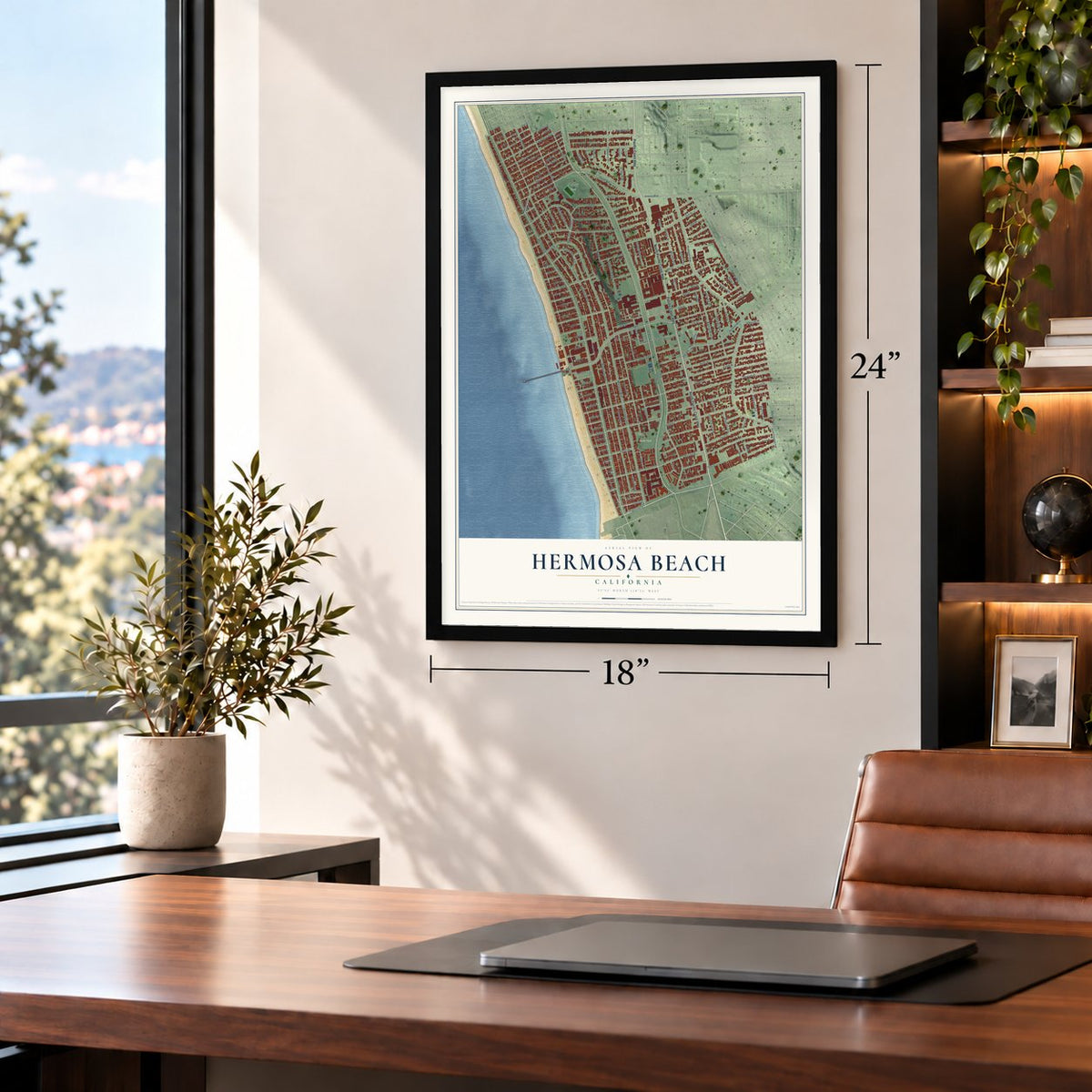 Hermosa Beach, California map, 18 x 24 inch print in a black frame in a home office