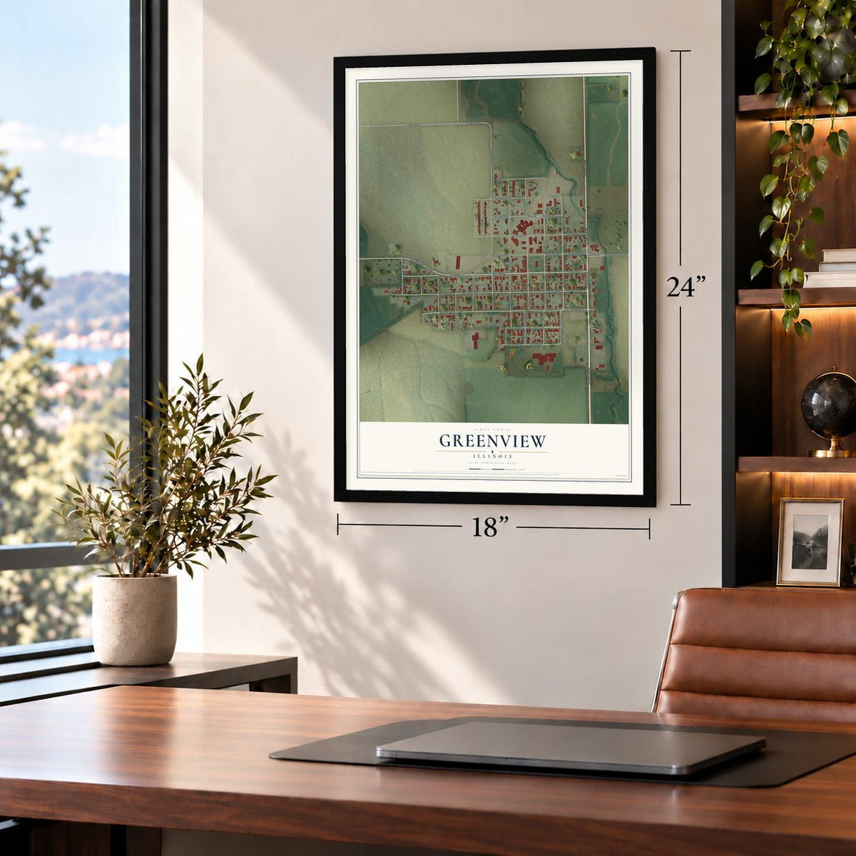 Greenview, Illinois map, 18 x 24 inch print in a black frame in a home office