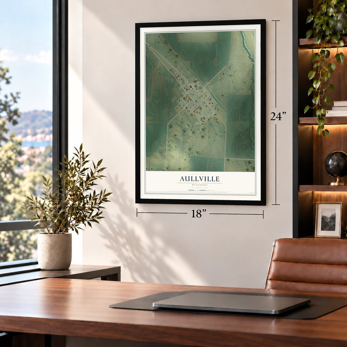Aullville, Missouri map, 18 x 24 inch print in a black frame in a home office