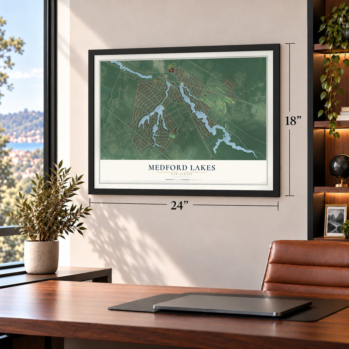 Medford Lakes, New Jersey map, 18 x 24 inch print in a black frame in a home office
