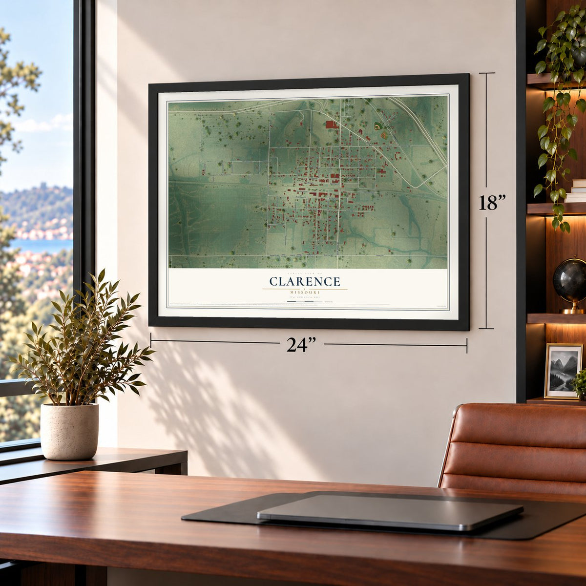 Clarence, Missouri map, 18 x 24 inch print in a black frame in a home office