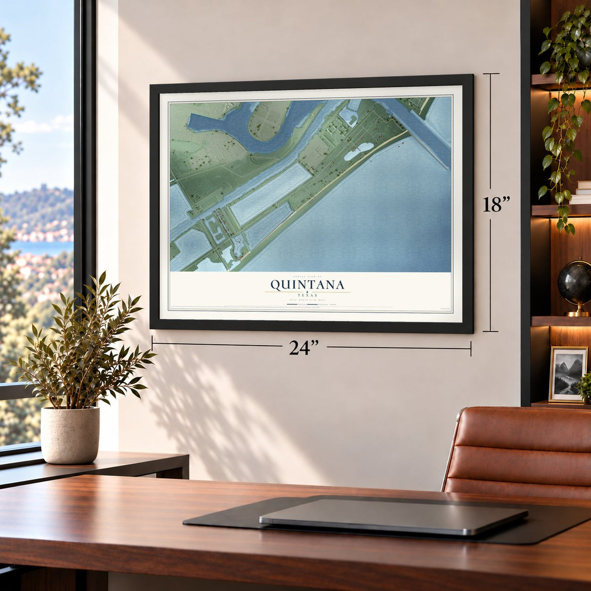 Quintana, Texas map, 18 x 24 inch print in a black frame in a home office