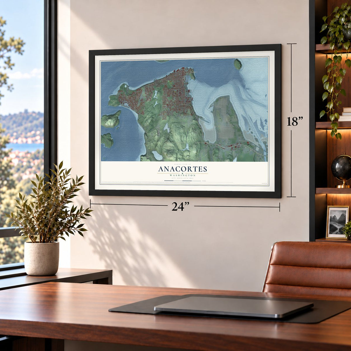 Anacortes, Washington map, 18 x 24 inch print in a black frame in a home office