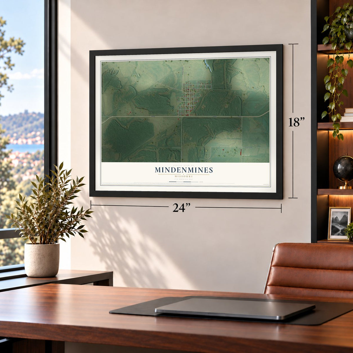 Mindenmines, Missouri map, 18 x 24 inch print in a black frame in a home office