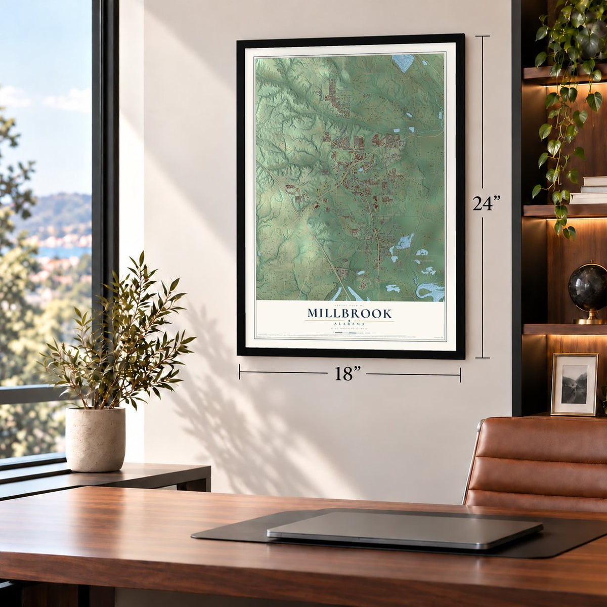 Millbrook, Alabama map, 18 x 24 inch print in a black frame in a home office