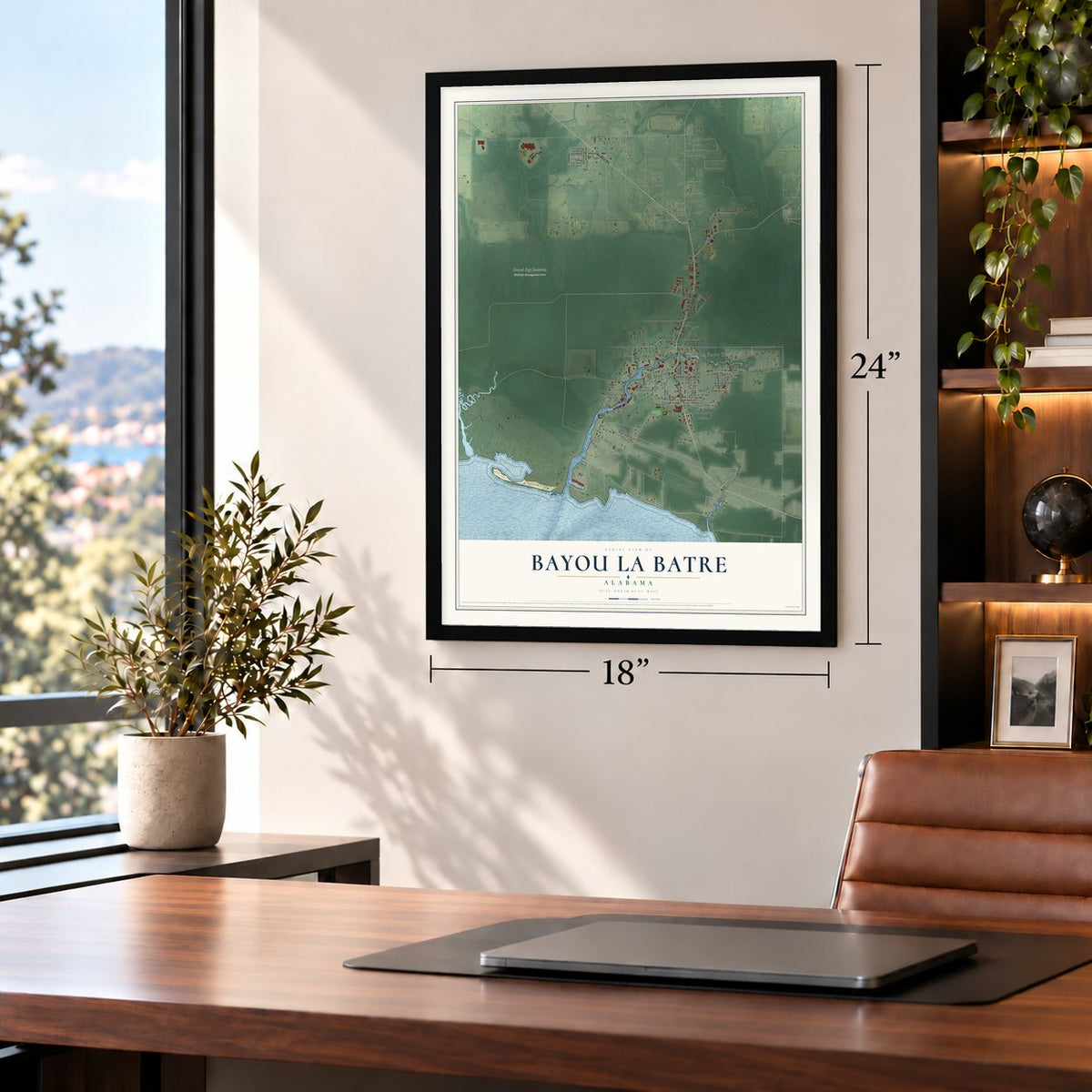 Bayou La Batre, Alabama map, 18 x 24 inch print in a black frame in a home office