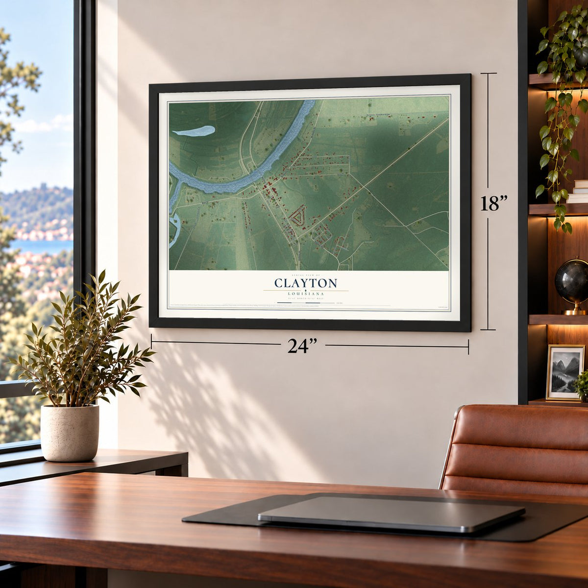 Clayton, Louisiana map, 18 x 24 inch print in a black frame in a home office