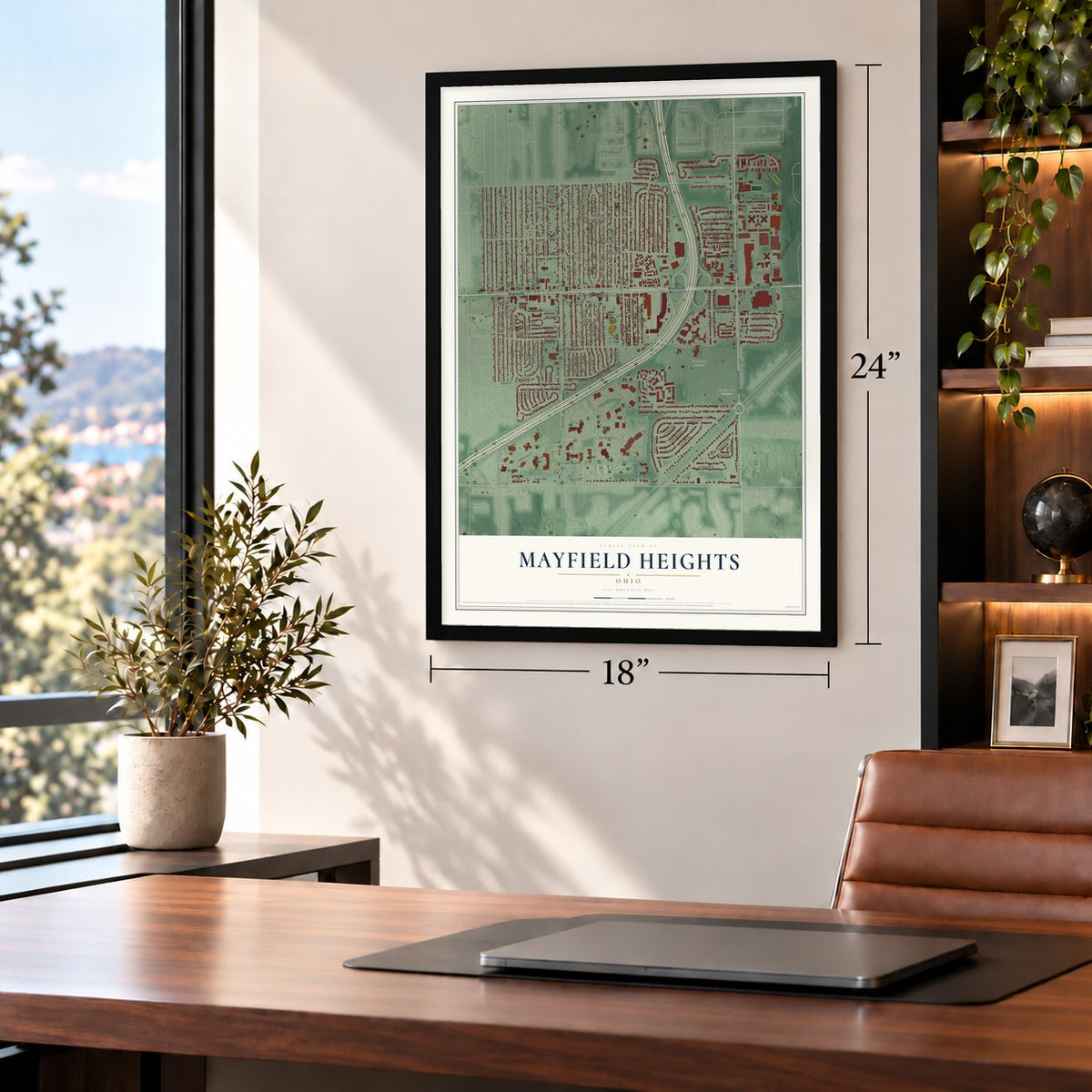 Mayfield Heights, Ohio map, 18 x 24 inch print in a black frame in a home office