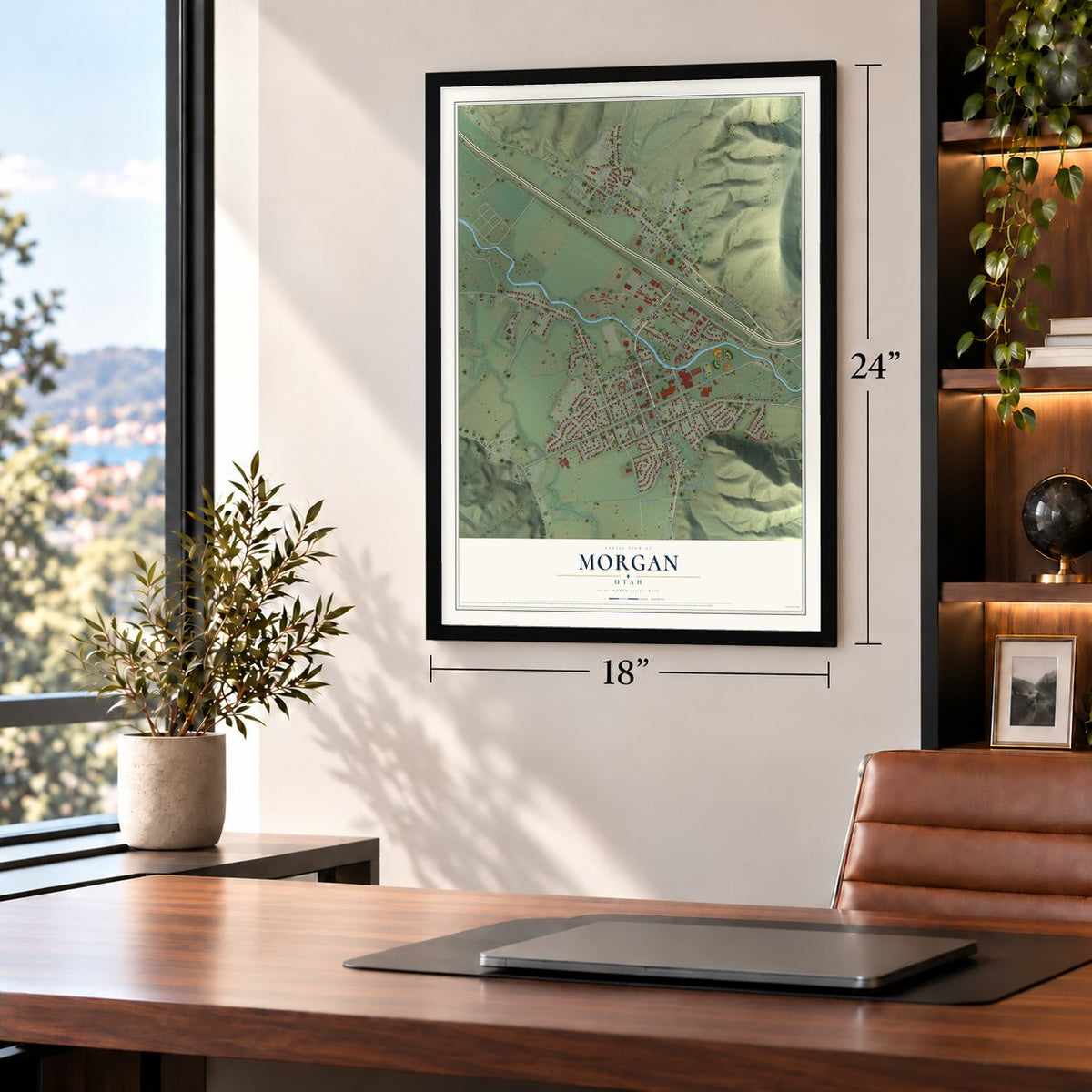 Morgan, Utah map, 18 x 24 inch print in a black frame in a home office