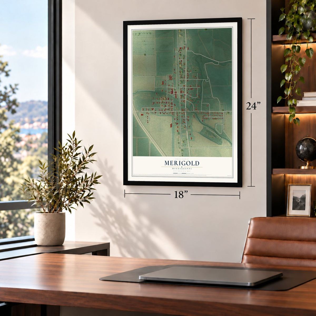 Merigold, Mississippi map, 18 x 24 inch print in a black frame in a home office
