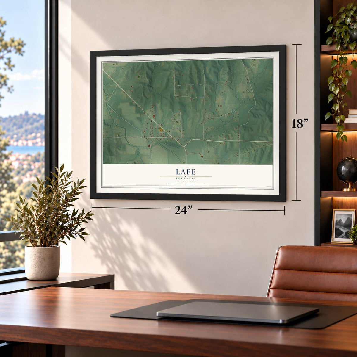 Lafe, Arkansas map, 18 x 24 inch print in a black frame in a home office