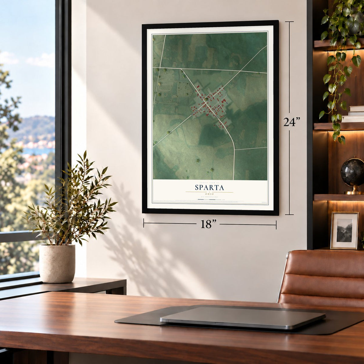 Sparta, Ohio map, 18 x 24 inch print in a black frame in a home office