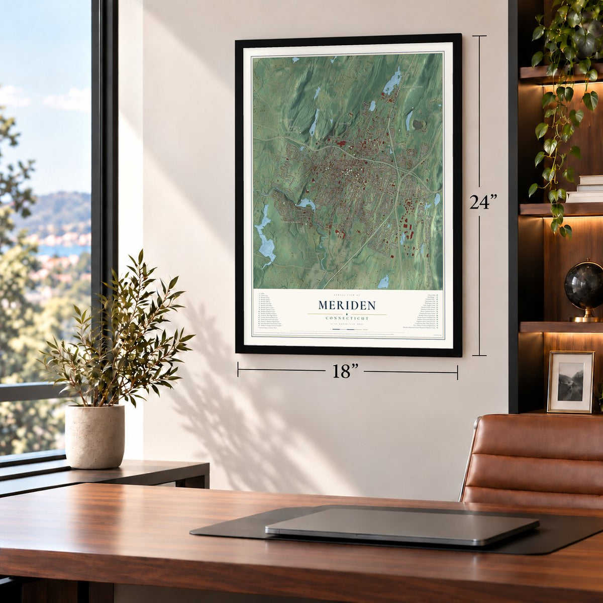 Meriden, Connecticut map, 18 x 24 inch print in a black frame in a home office