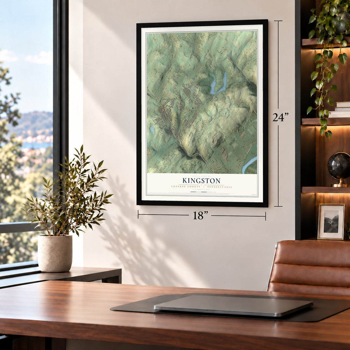 Kingston, Luzerne County, Pennsylvania map, 18 x 24 inch print in a black frame in a home office