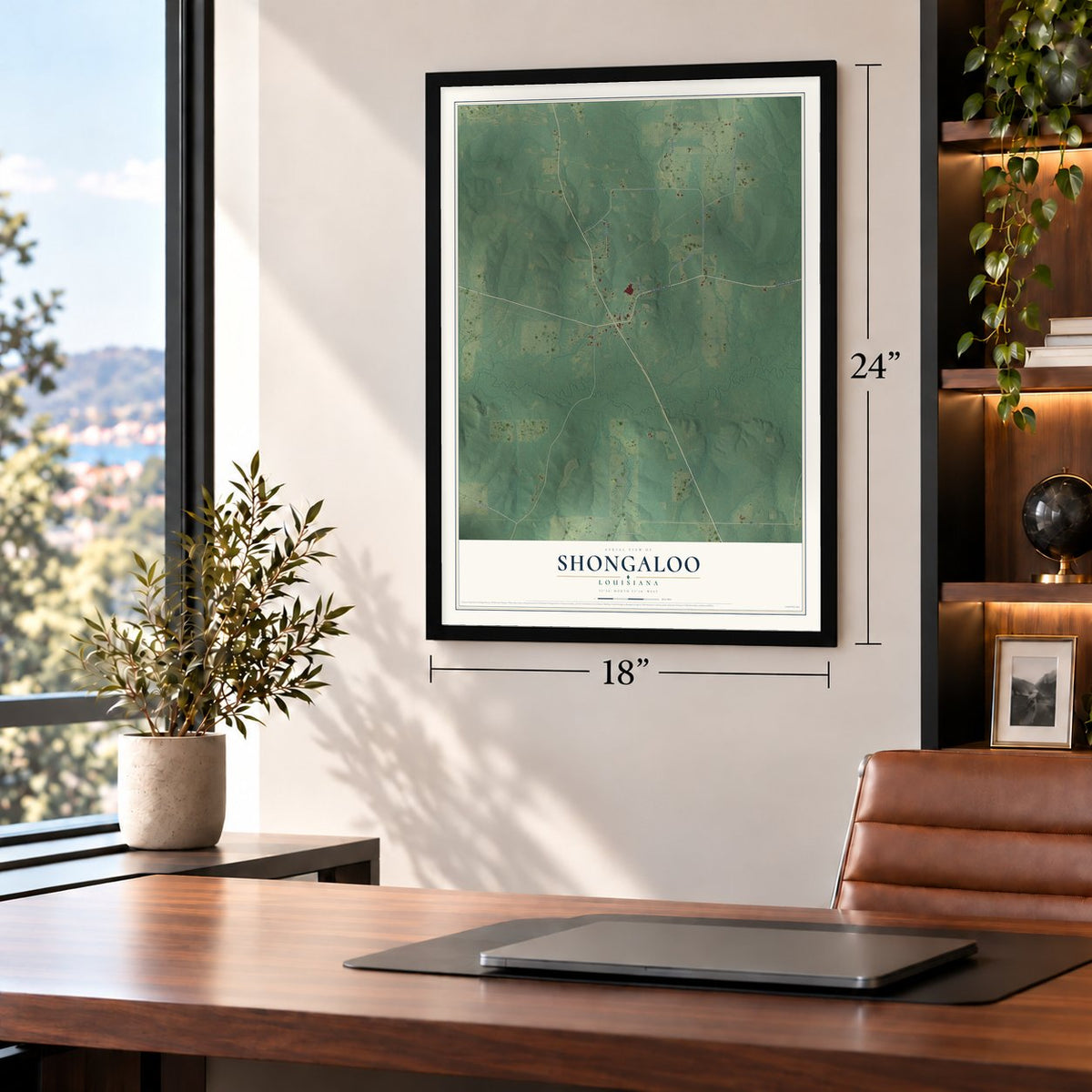 Shongaloo, Louisiana map, 18 x 24 inch print in a black frame in a home office