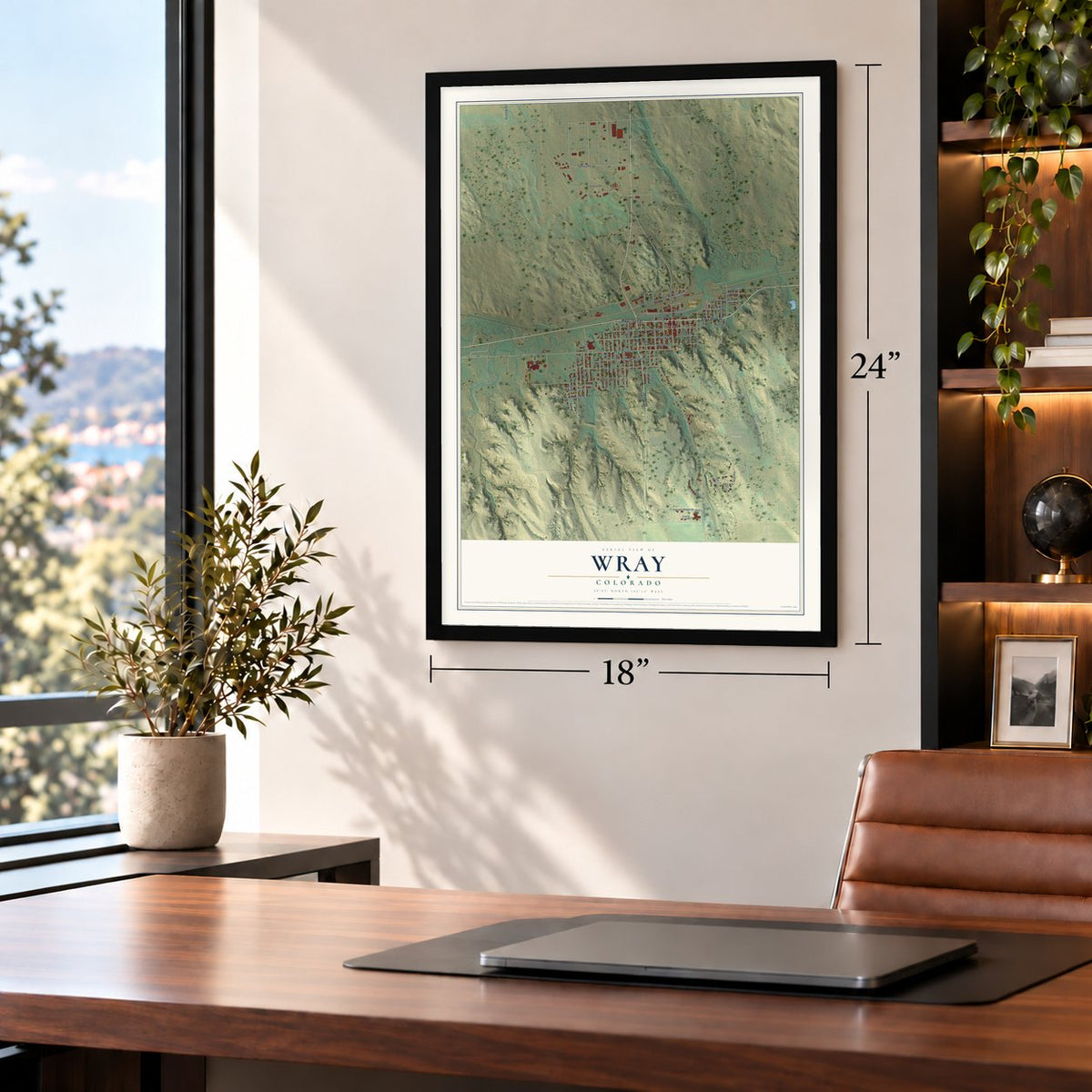 Wray, Colorado map, 18 x 24 inch print in a black frame in a home office