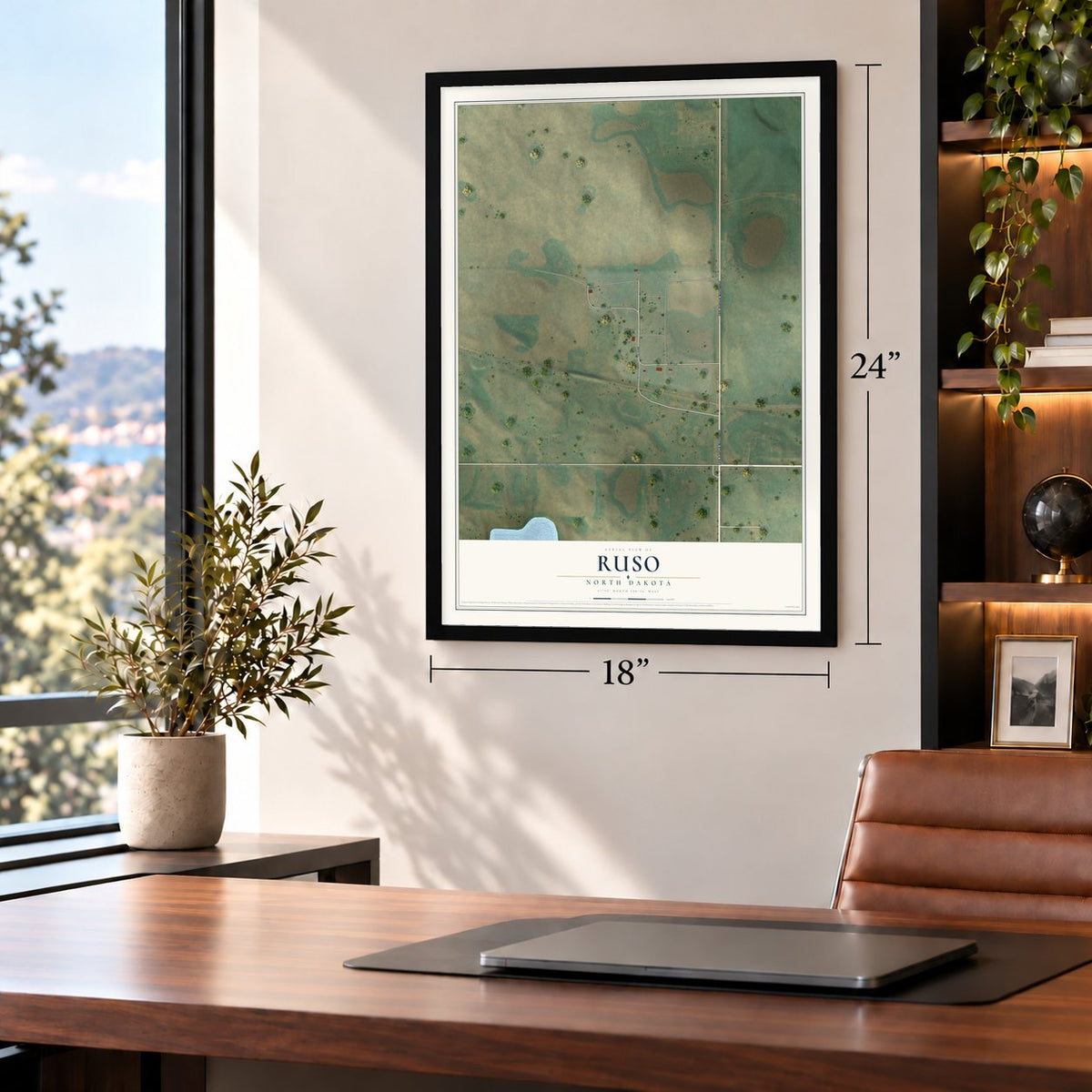 Ruso, North Dakota map, 18 x 24 inch print in a black frame in a home office