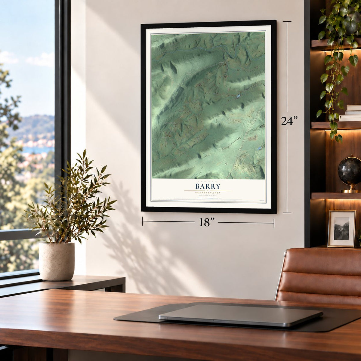 Barry, Pennsylvania map, 18 x 24 inch print in a black frame in a home office
