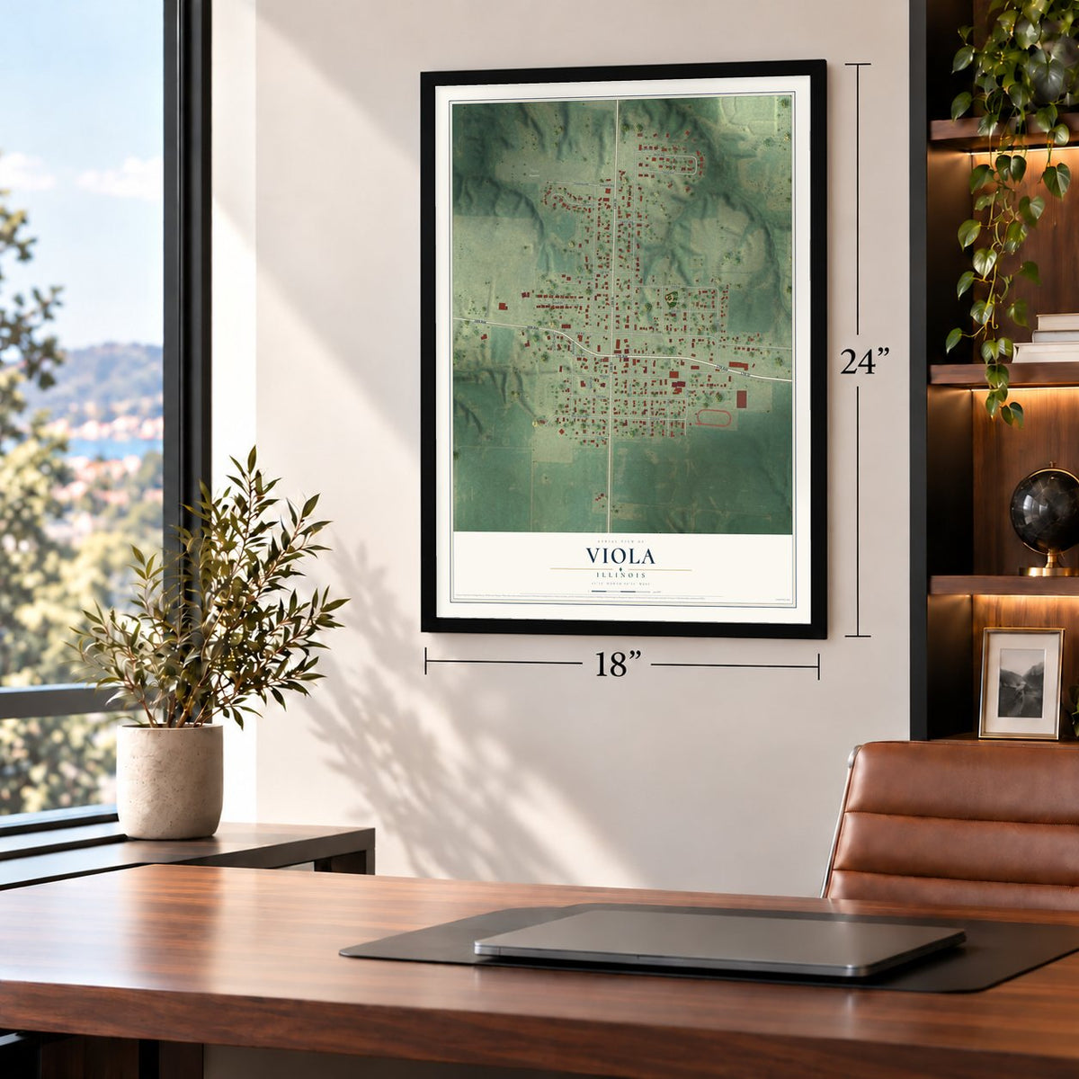 Viola, Illinois map, 18 x 24 inch print in a black frame in a home office