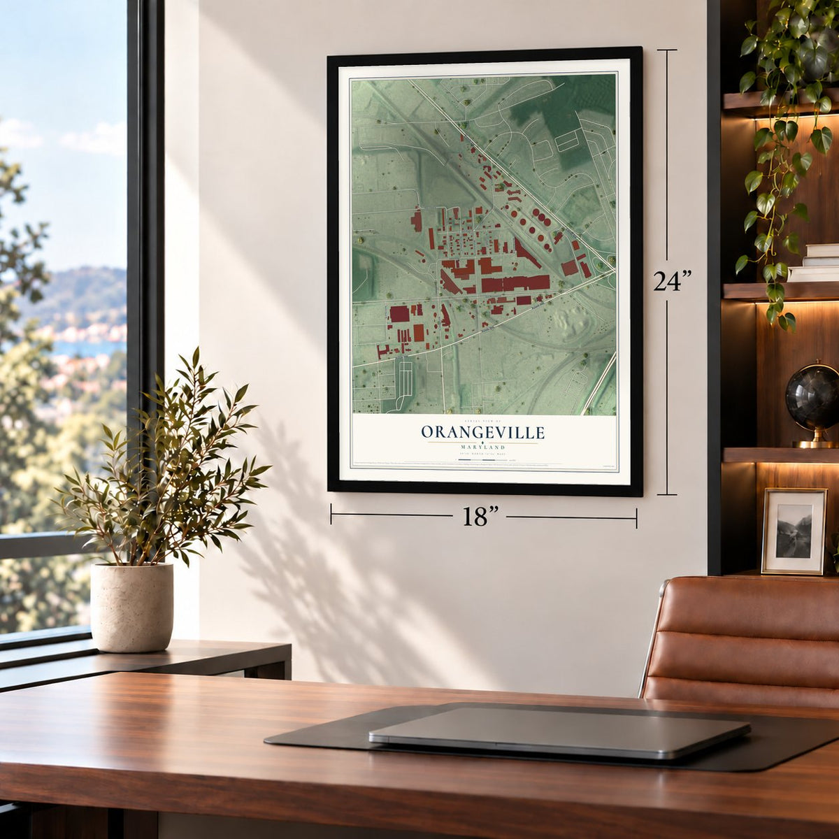 Orangeville, Maryland map, 18 x 24 inch print in a black frame in a home office