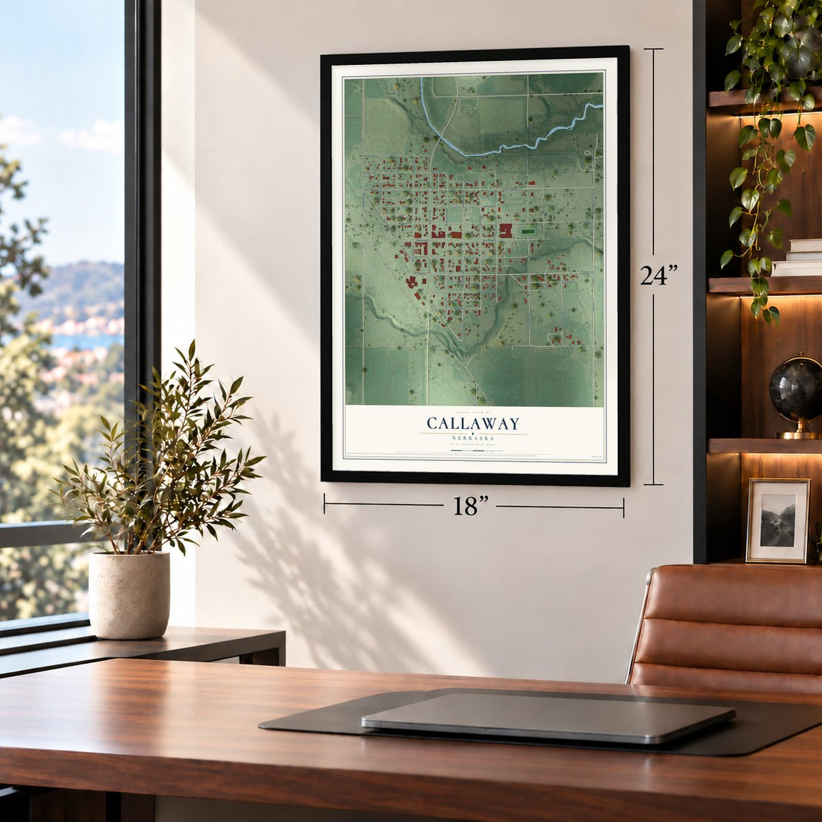 Callaway, Nebraska map, 18 x 24 inch print in a black frame in a home office
