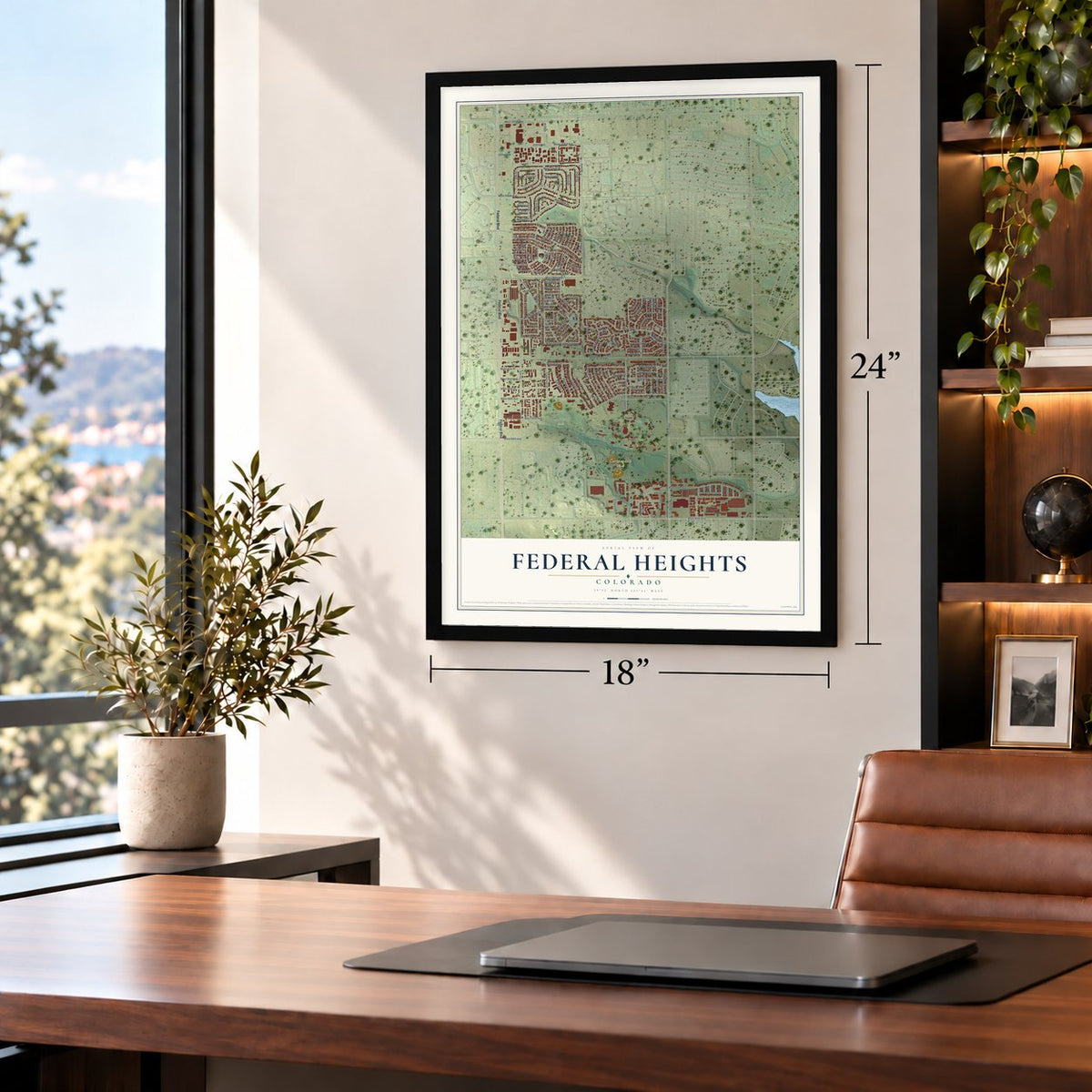 Federal Heights, Colorado map, 18 x 24 inch print in a black frame in a home office