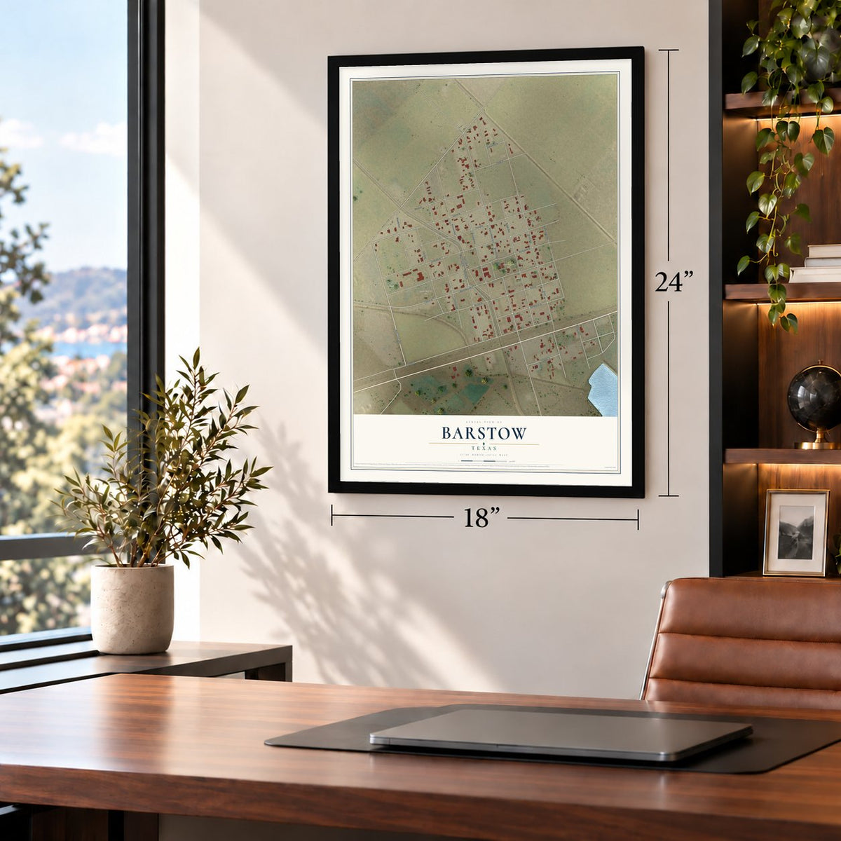 Barstow, Texas map, 18 x 24 inch print in a black frame in a home office