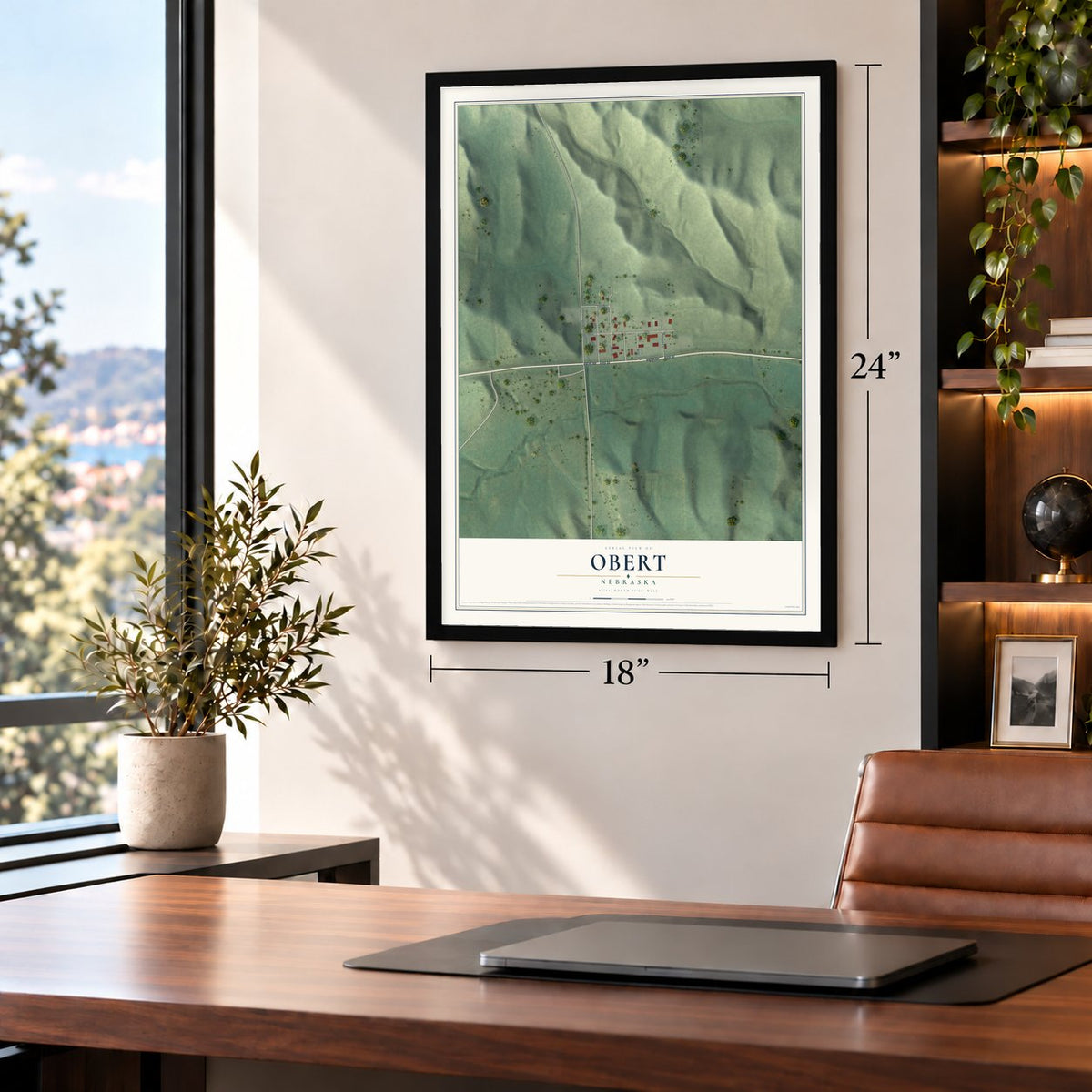 Obert, Nebraska map, 18 x 24 inch print in a black frame in a home office