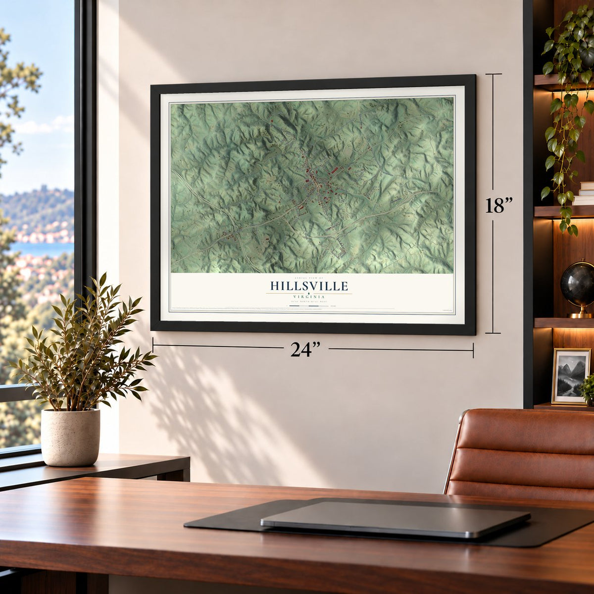 Hillsville, Virginia map, 18 x 24 inch print in a black frame in a home office