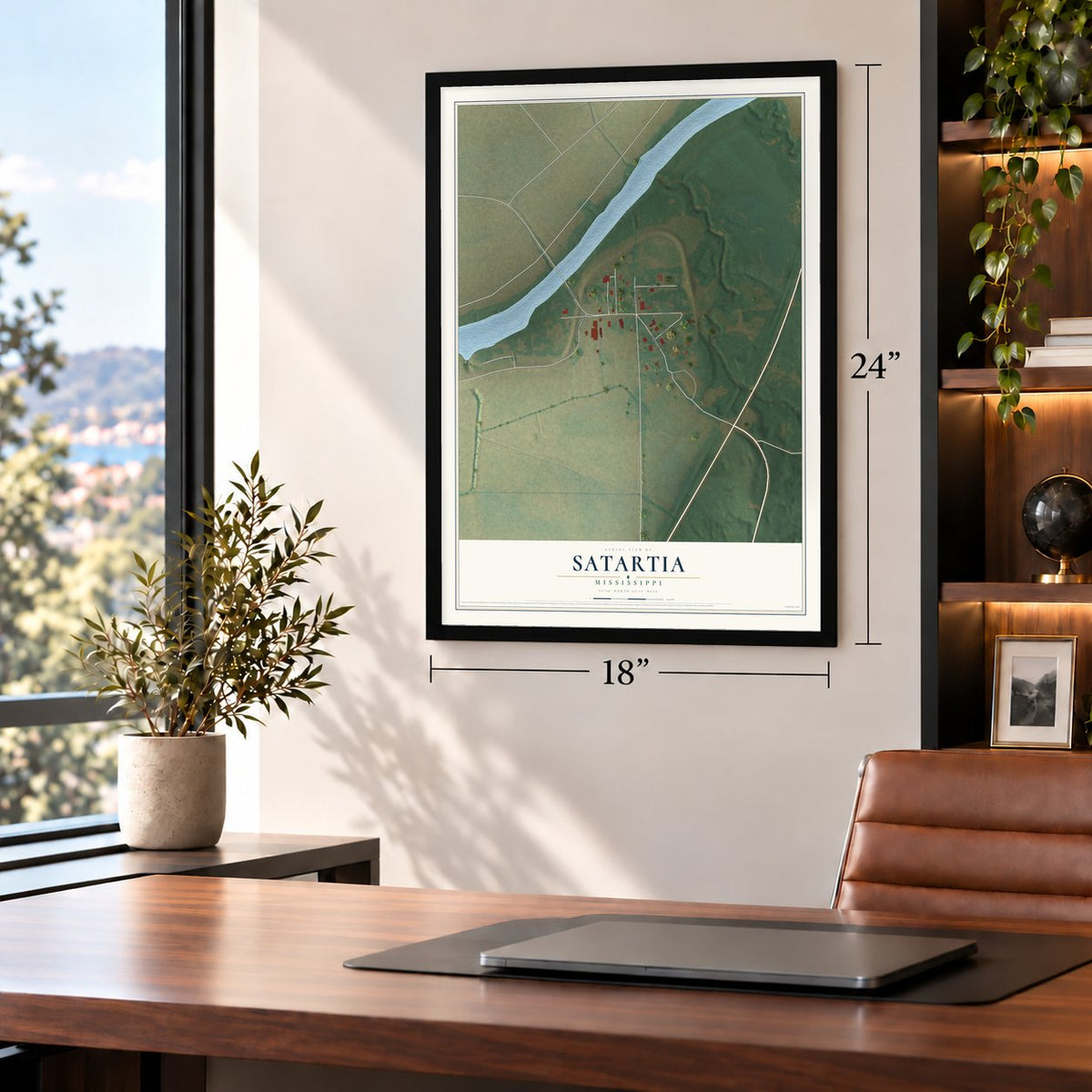 Satartia, Mississippi map, 18 x 24 inch print in a black frame in a home office