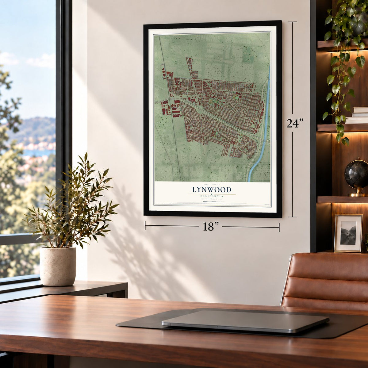Lynwood, California map, 18 x 24 inch print in a black frame in a home office